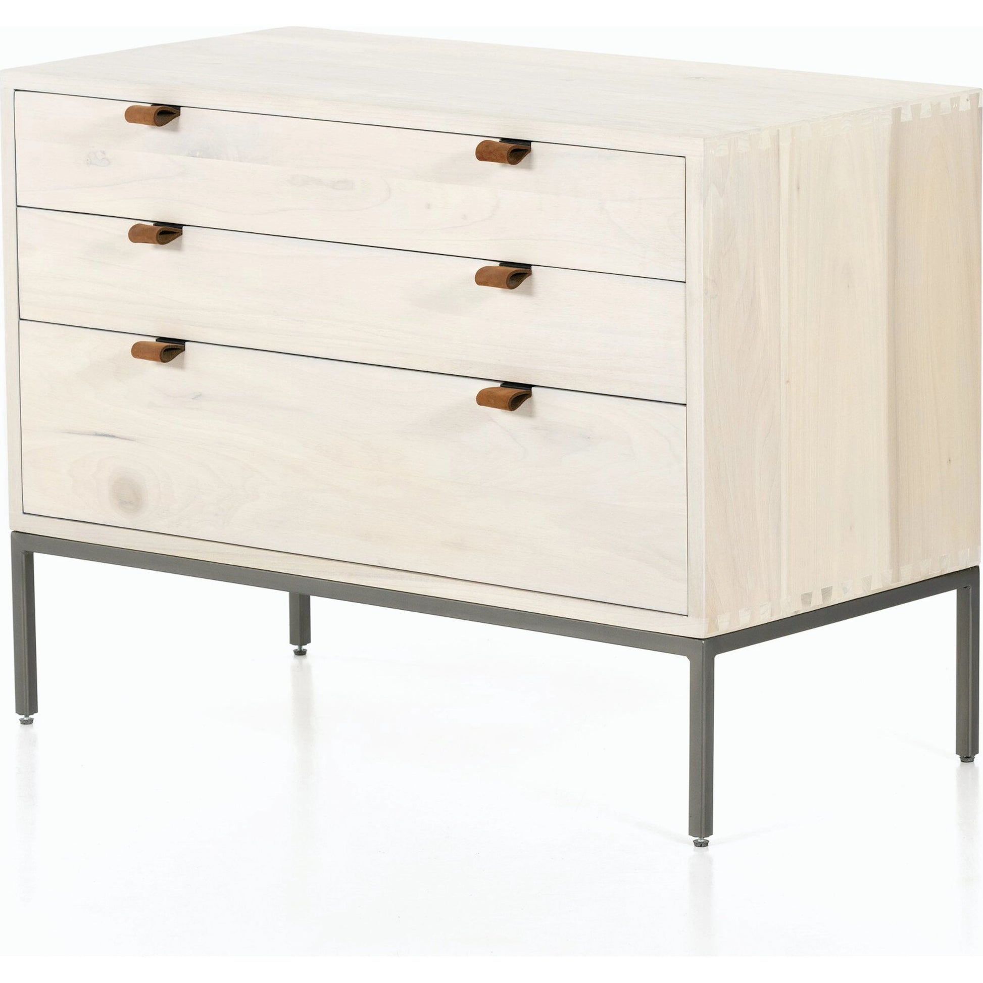 Trey Large Nightstand by Four Hands. Made from solid poplar, top grain leather, iron in a modern style.