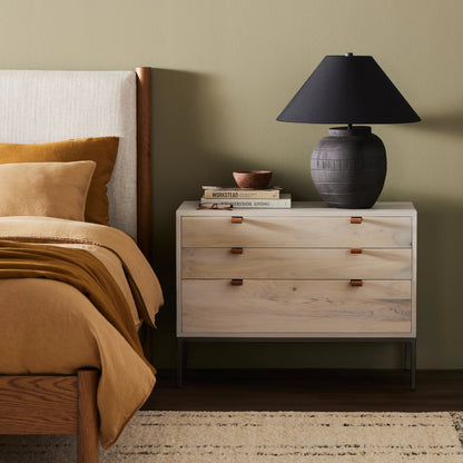 Trey Nightstand by Four Hands. Made from solid poplar, top grain leather, iron in a modern style.