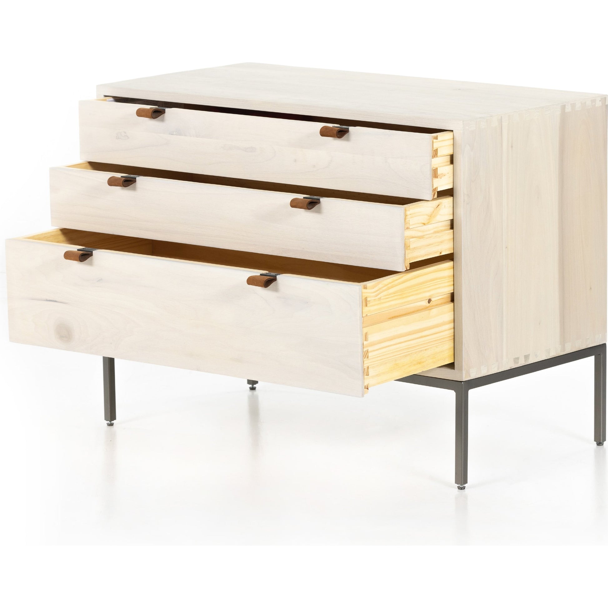Trey Nightstand by Four Hands. Made from solid poplar, top grain leather, iron in a modern style.