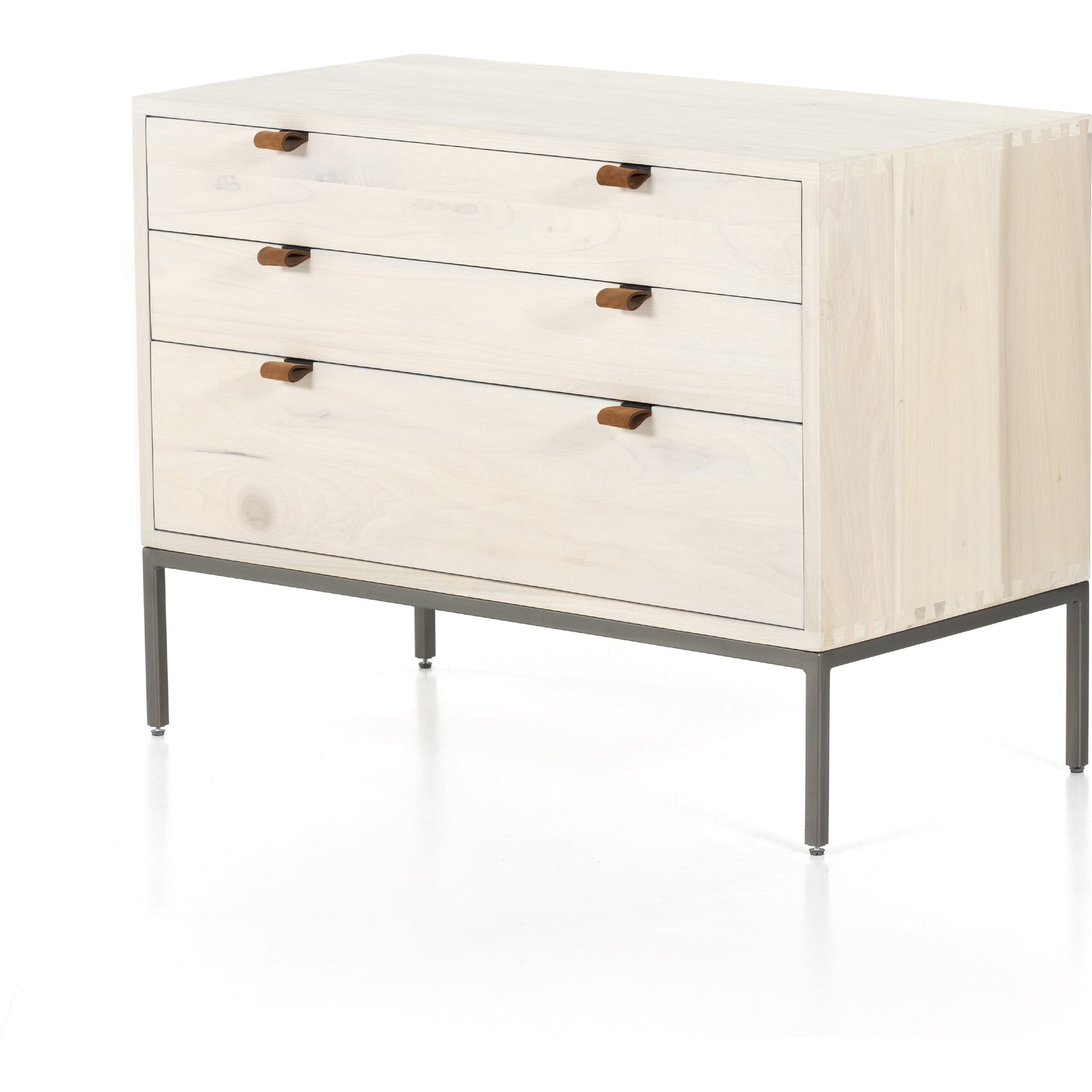 Trey Nightstand by Four Hands. Made from solid poplar, top grain leather, iron in a modern style.