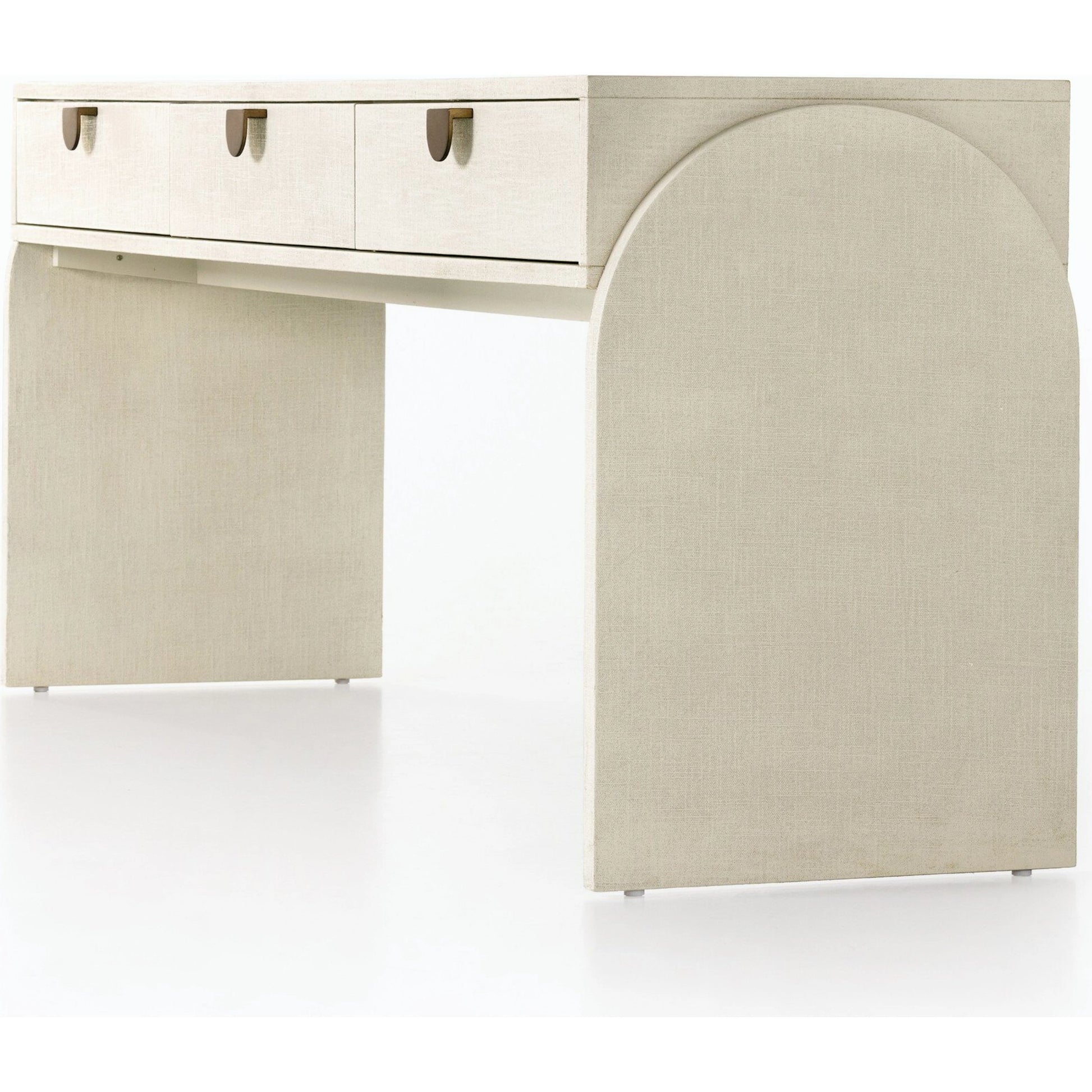 Cressida Console Table by Four Hands in ivory and light antique brass. Made from painted linen in a modern style.
