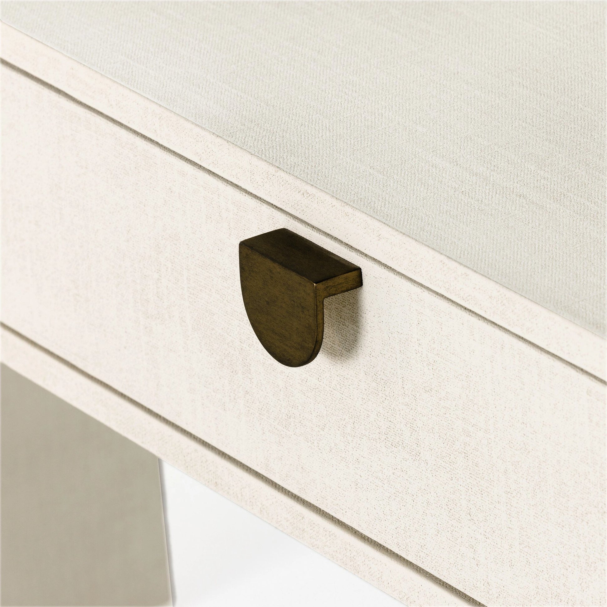 Cressida Console Table by Four Hands in ivory and light antique brass. Made from painted linen in a modern style.