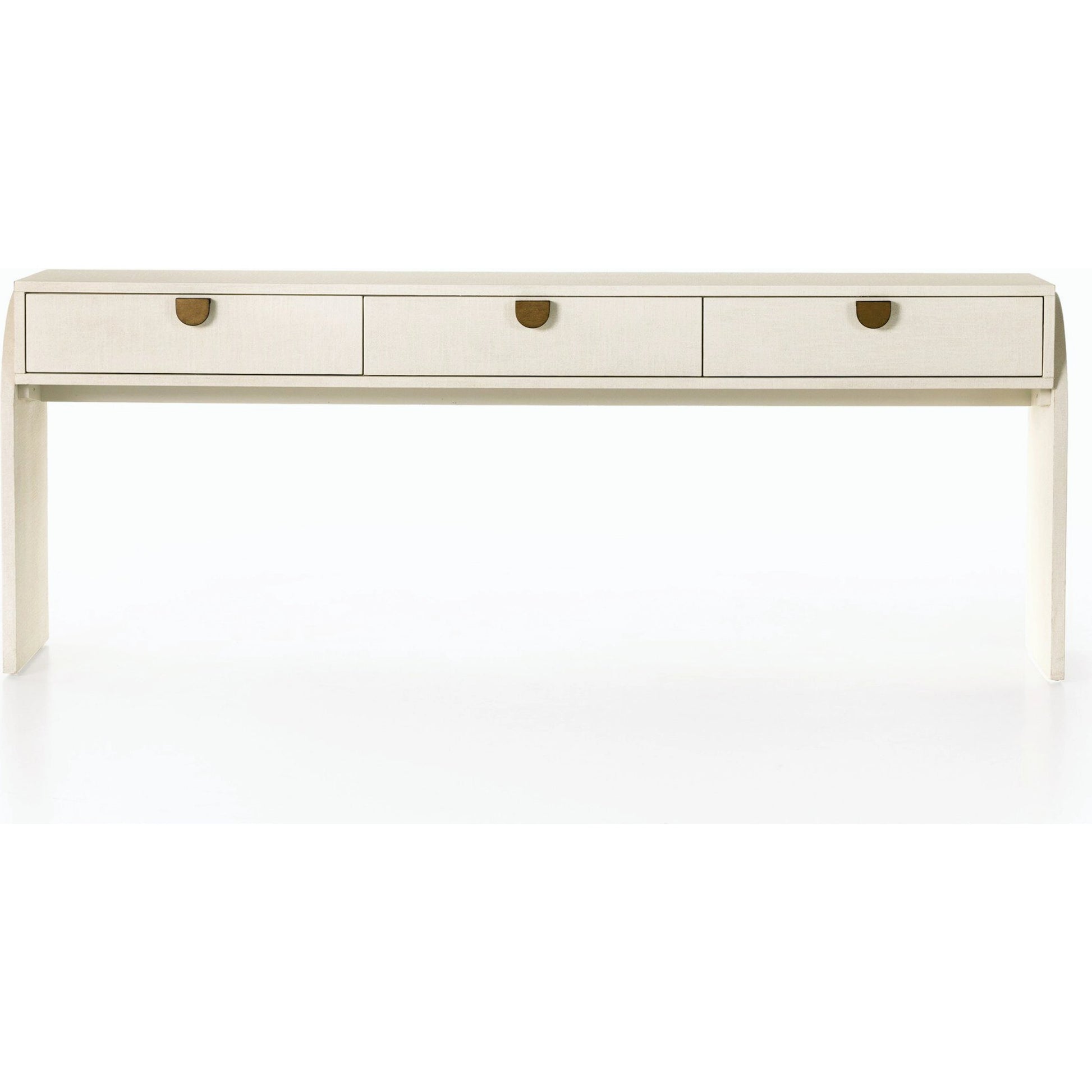 Cressida Console Table by Four Hands in ivory and light antique brass. Made from painted linen in a modern style.