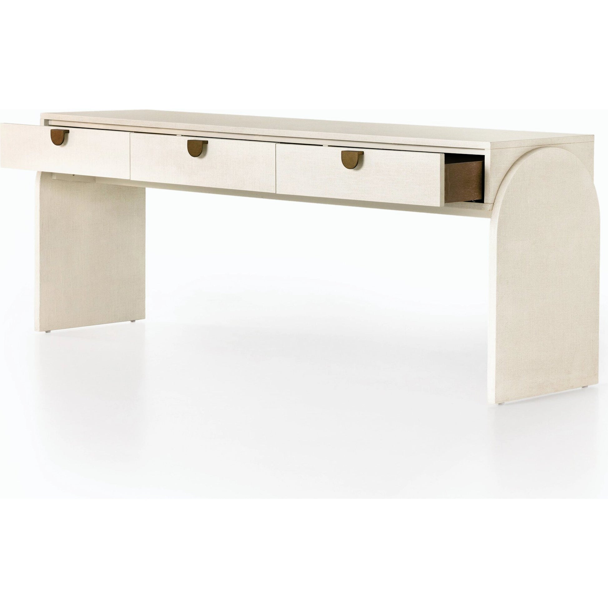 Cressida Console Table by Four Hands in ivory and light antique brass. Made from painted linen in a modern style.
