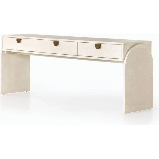 Cressida Console Table by Four Hands in ivory and light antique brass. Made from painted linen in a modern style.