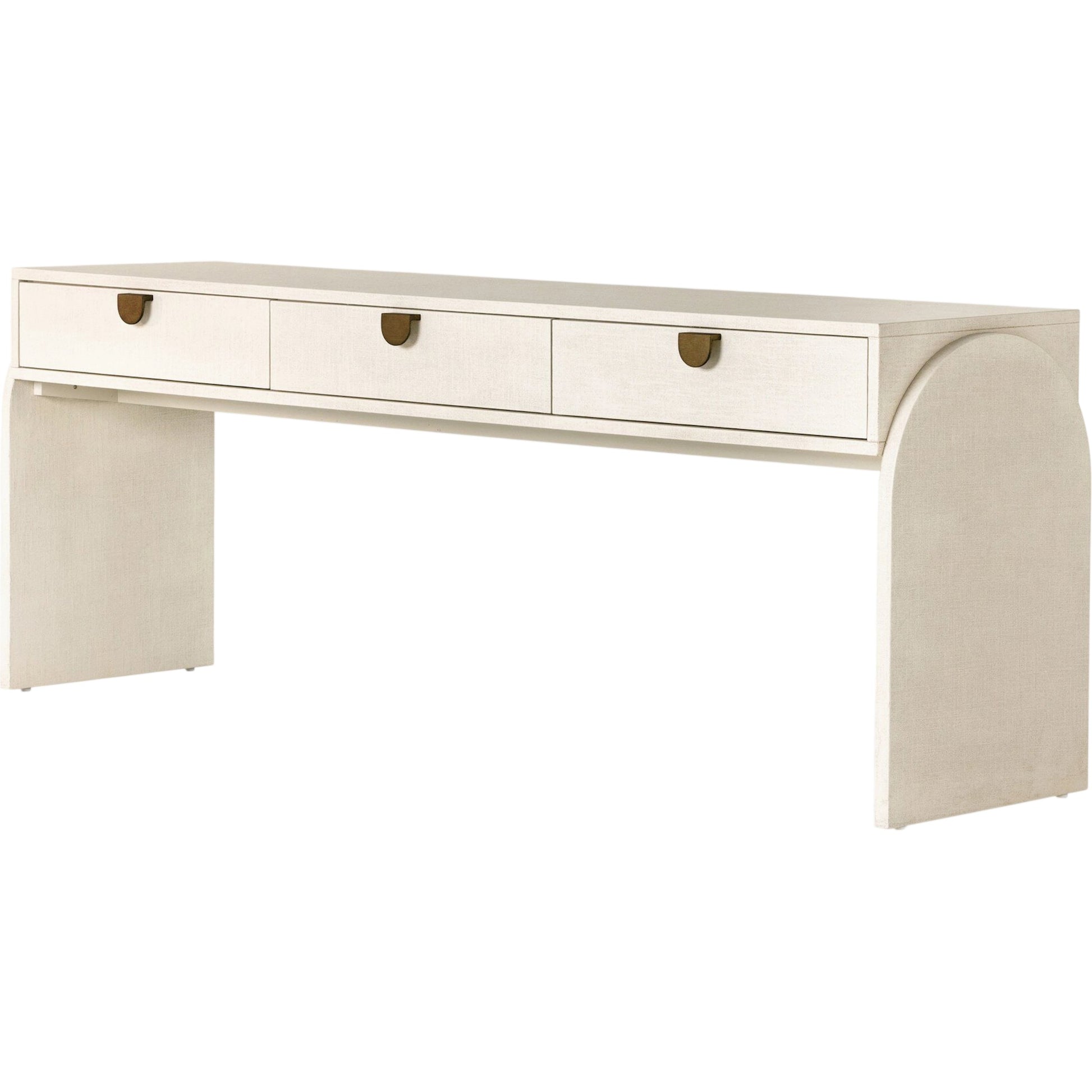 Cressida Console Table by Four Hands in light antique brass. Made from painted linen in a modern style.