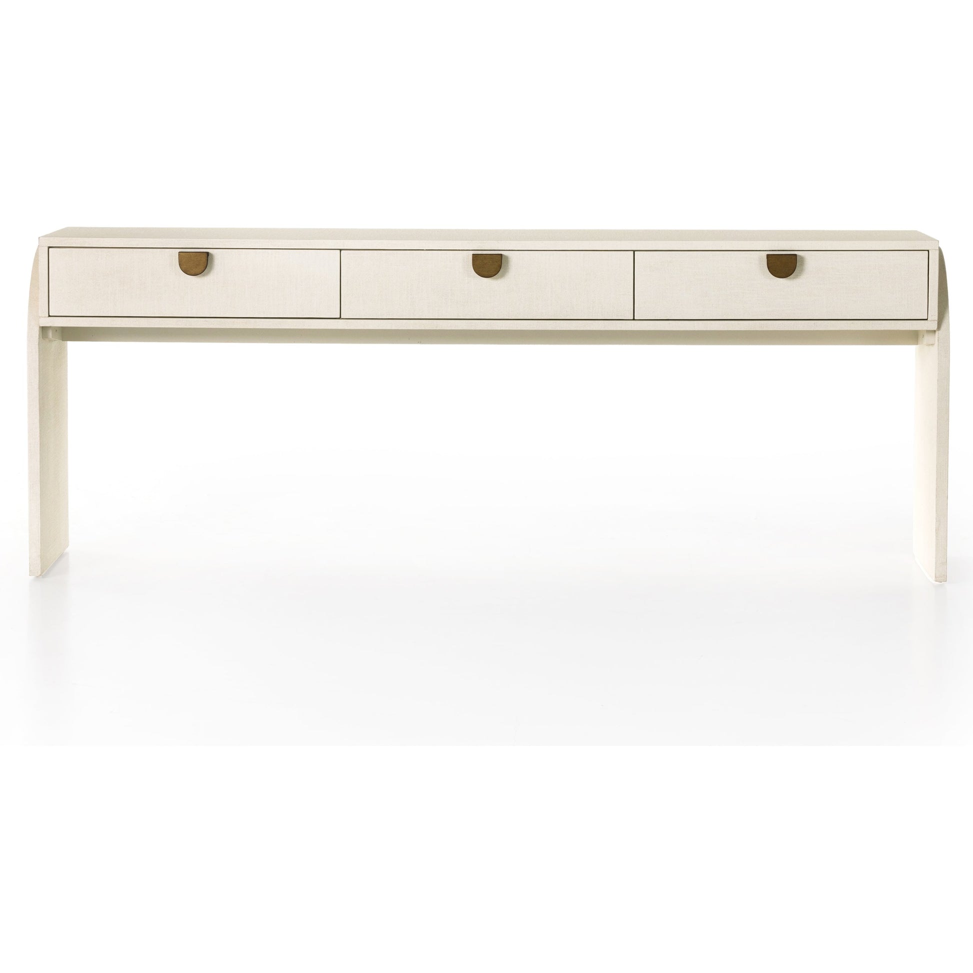 Cressida Console Table by Four Hands in ivory and light antique brass. Made from painted linen in a modern style.