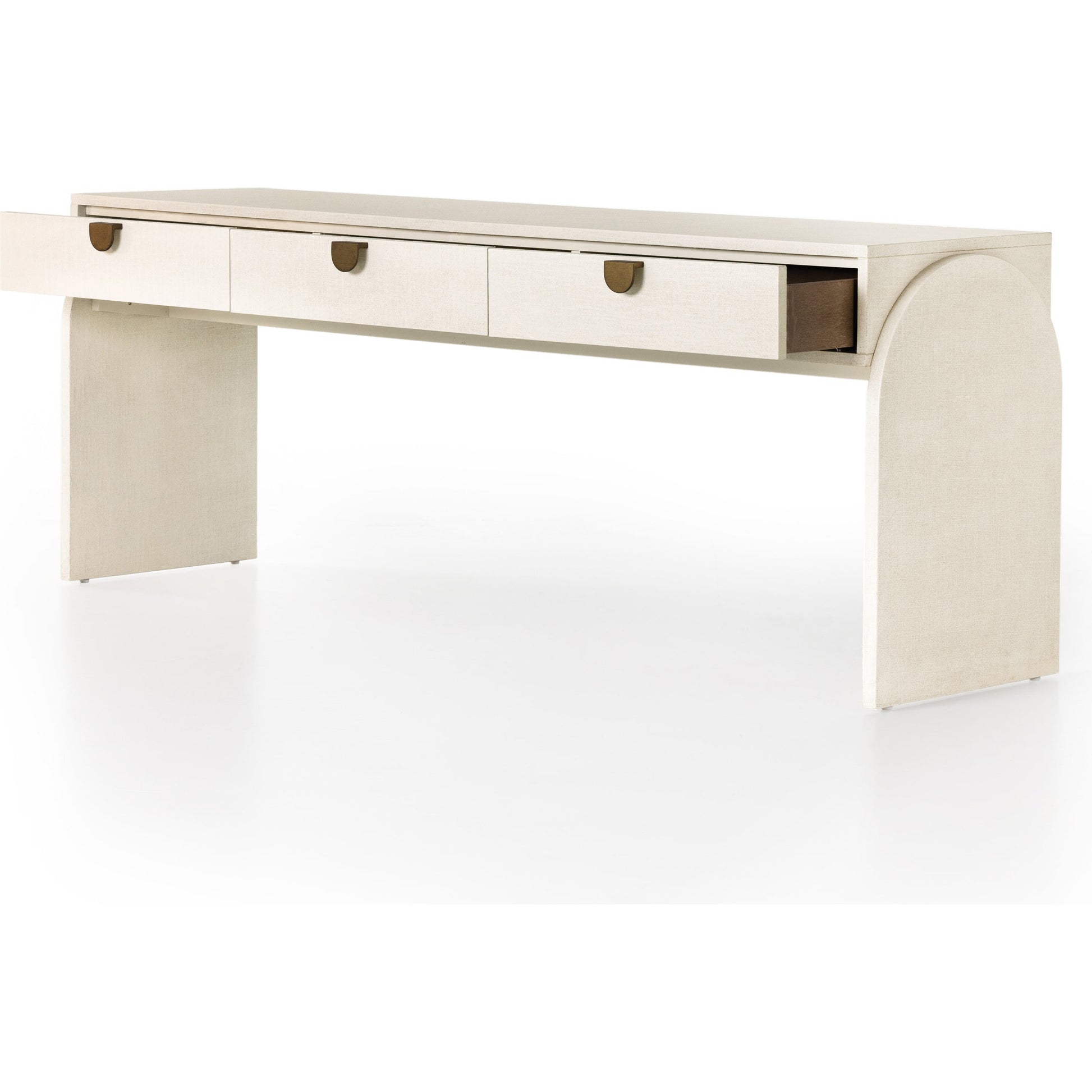 Cressida Console Table by Four Hands in ivory and light antique brass. Made from painted linen in a modern style.