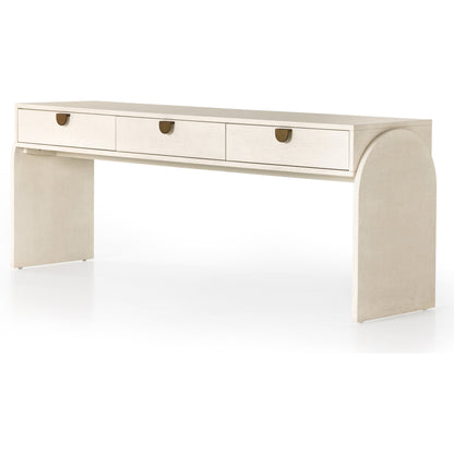 Cressida Console Table by Four Hands in ivory and light antique brass. Made from painted linen in a modern style.
