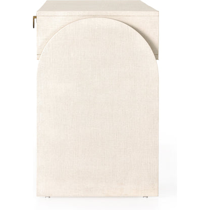 Cressida Console Table by Four Hands in ivory and light antique brass. Made from painted linen in a modern style.