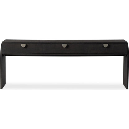 Cressida Console Table by Four Hands in light antique brass. Made from painted linen in a modern style.