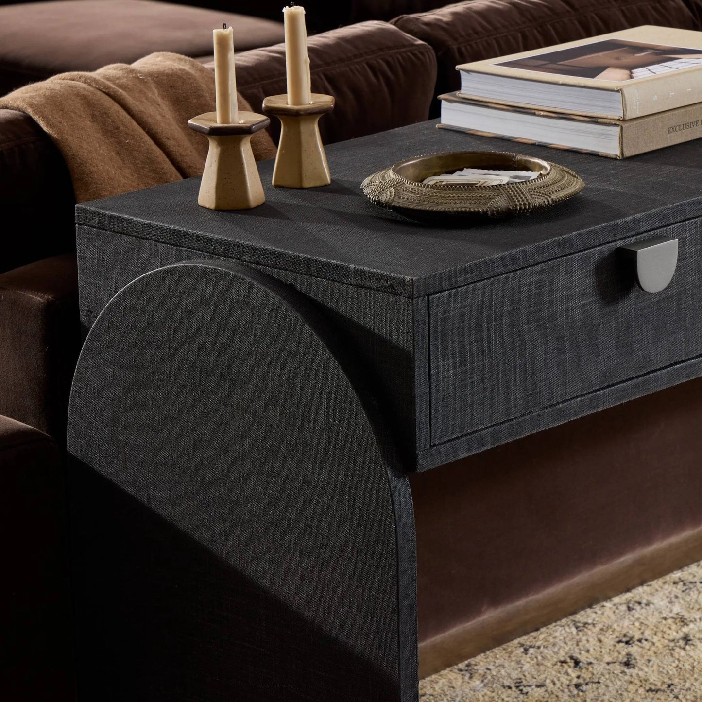 032 SI-2534903 | Closeup | Cressida Console Table by Four Hands in light antique brass. Made from painted linen in a modern style.