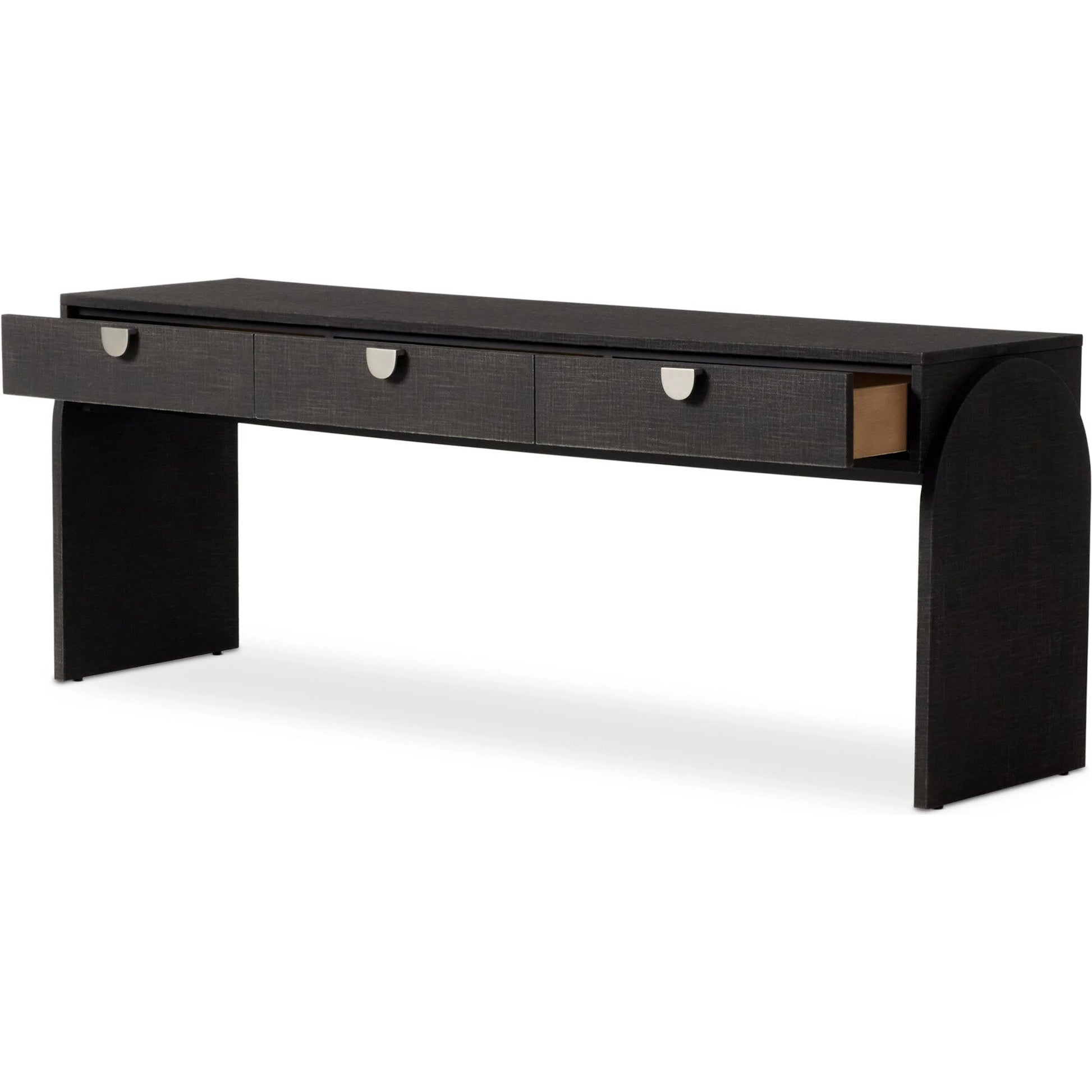 Cressida Console Table by Four Hands in light antique brass. Made from painted linen in a modern style.