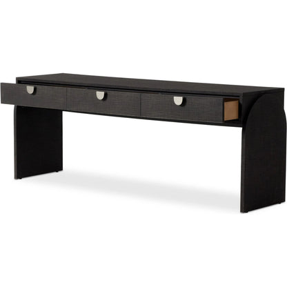 Cressida Console Table by Four Hands in light antique brass. Made from painted linen in a modern style.