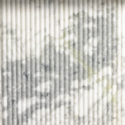 Oranda Dining Table by Four Hands in white scalloped marble, polished white marble w, sealant and white scalloped marble, polished white marble. Made from solid marble in a modern style.