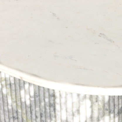 Oranda Dining Table by Four Hands in white scalloped marble, polished white marble w, sealant and white scalloped marble, polished white marble. Made from solid marble in a modern style.