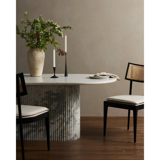 Oranda Dining Table by Four Hands in white scalloped marble, polished white marble w, sealant and white scalloped marble, polished white marble. Made from solid marble in a modern style.