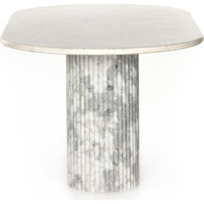 Oranda Dining Table by Four Hands in white scalloped marble, polished white marble w, sealant and white scalloped marble, polished white marble. Made from solid marble in a modern style.