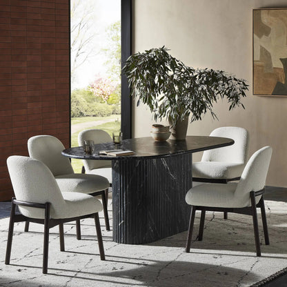 Oranda Dining Table by Four Hands in polished white marble w/ sealant, white scalloped marble. Made from solid marble in a modern style.