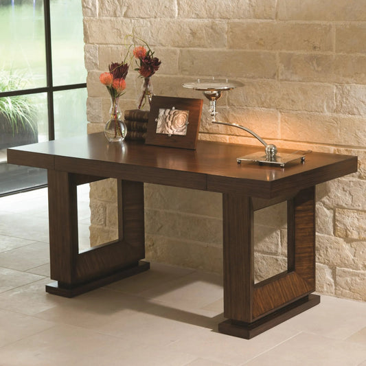 Open Block Writing Desk by Global Views in dark walnut, satin lacquer, zebra. Made from mdf, solid birch in a modern style.