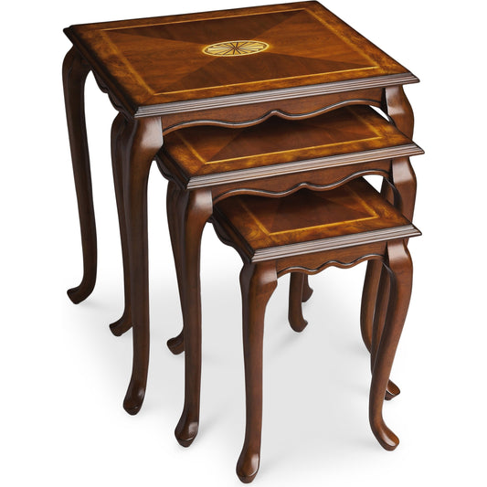 Thatcher Inlay Nest of Tables by Butler Specialty Company in olive ash burl. Made from rubberwood solids, mdf, cherry, olive ash burl, maple veneers in a traditional style.