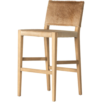 Villa Bar Stool by Four Hands in light hair on hide, natural beech. Made from hair on hide, solid beech, iron in a modern style.
