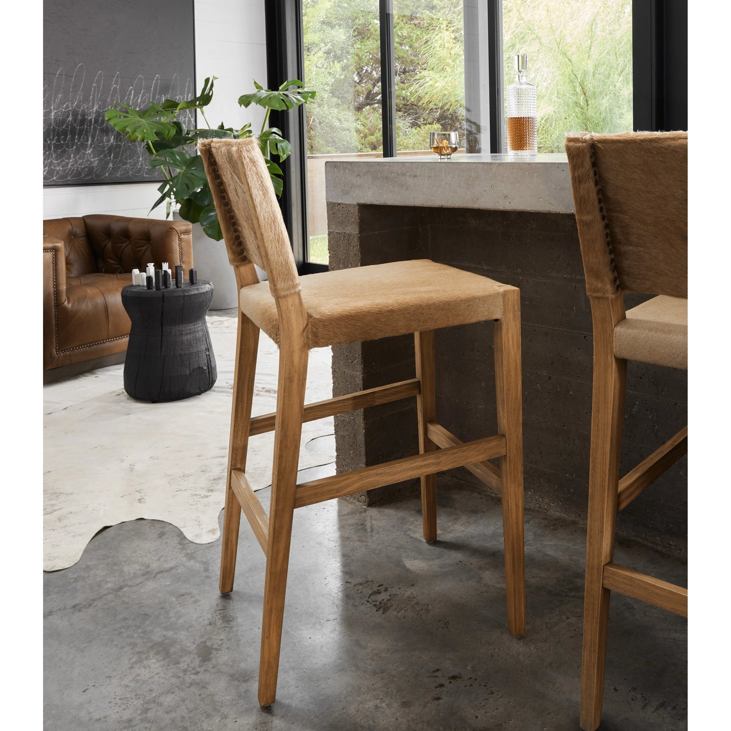 014 SI-1903065 | Lifestyle | Villa Bar Stool by Four Hands in light hair on hide, natural beech. Made from hair on hide, solid beech, iron in a modern style.