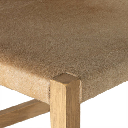 Villa Bar Stool by Four Hands in light hair on hide, natural beech. Made from hair on hide, solid beech, iron in a modern style.