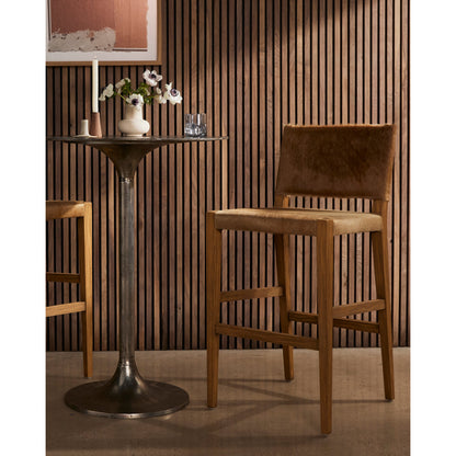 Villa Bar Stool by Four Hands in light hair on hide, natural beech. Made from hair on hide, solid beech, iron in a modern style.