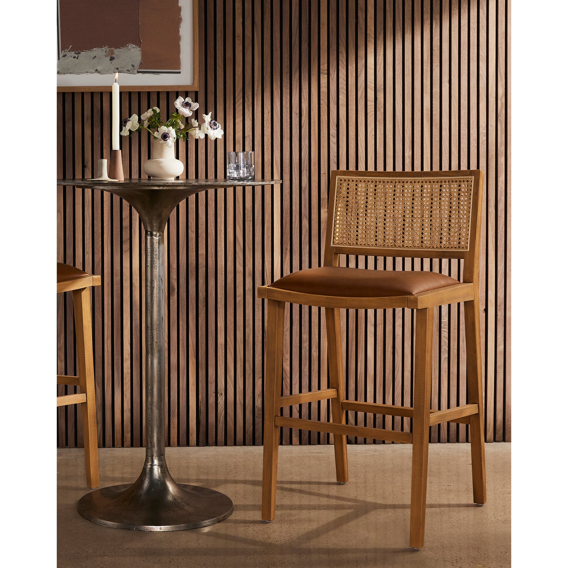 Sage Counter Stool by Four Hands in natural cane, sierra butterscotch. Made from faux leather, solid beech, cane in a coastal style.
