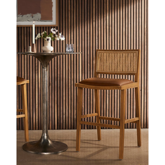 Sage Counter Stool by Four Hands in natural cane, sierra butterscotch. Made from faux leather, solid beech, cane in a coastal style.