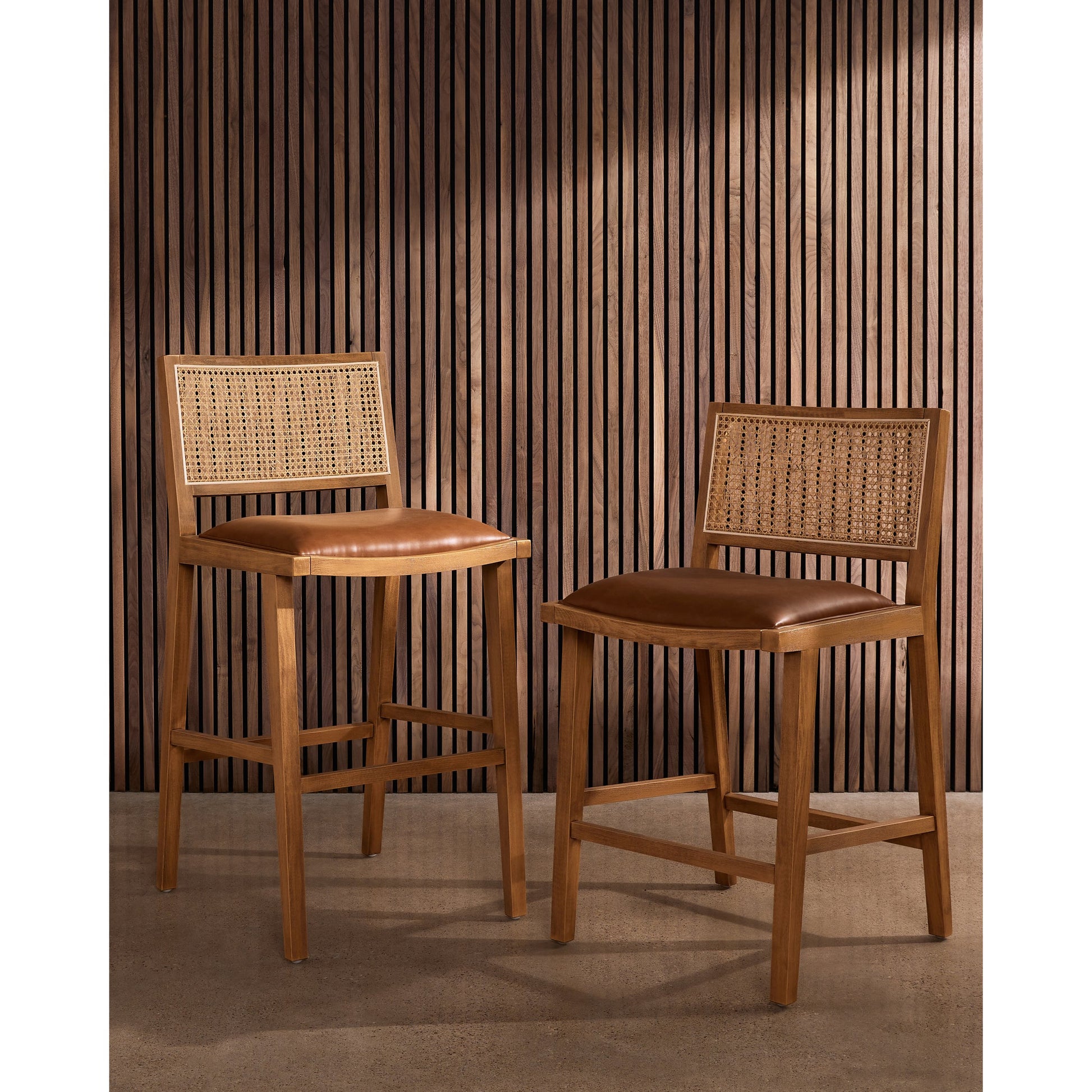 Sage Counter Stool by Four Hands in natural cane, sierra butterscotch. Made from faux leather, solid beech, cane in a coastal style.