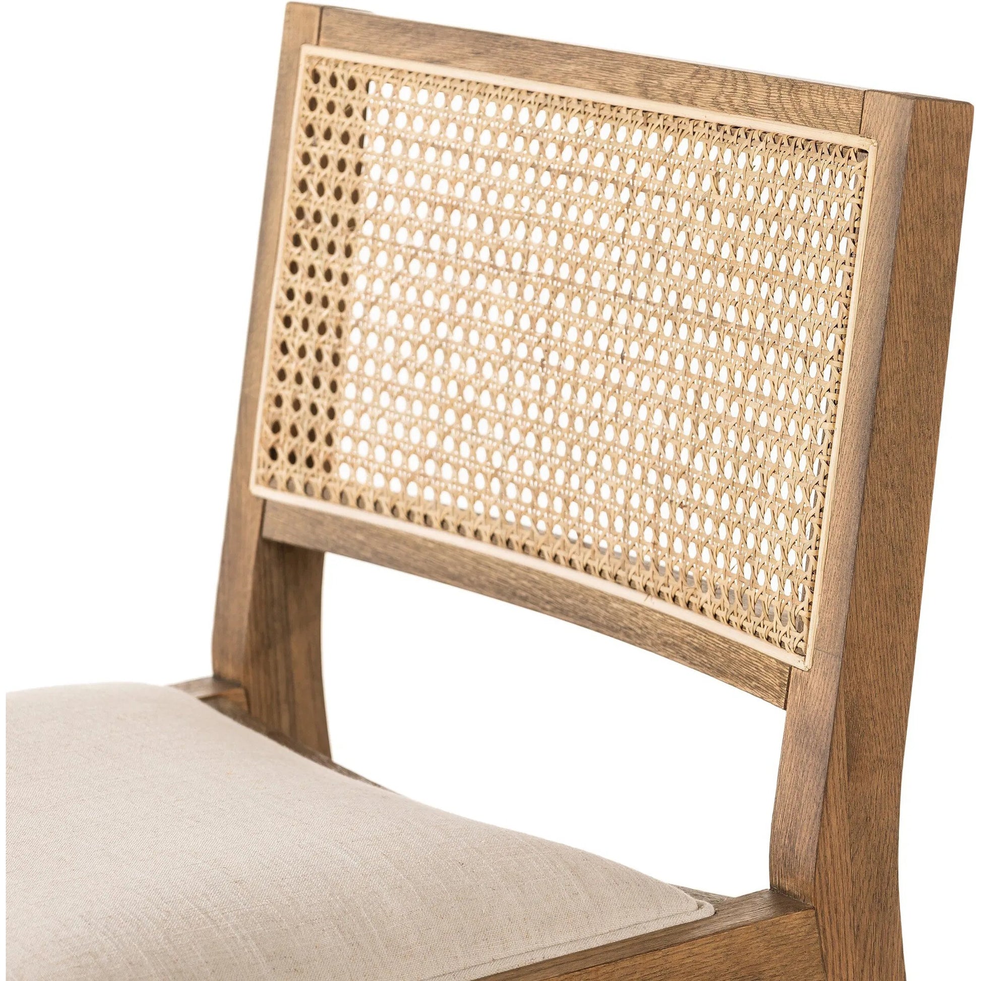 Sage Bar Stool by Four Hands in savile flax, toasted oak, natural cane. Made from 92% polyester, 8% flax/linen, solid oak, cane in a rustic style.