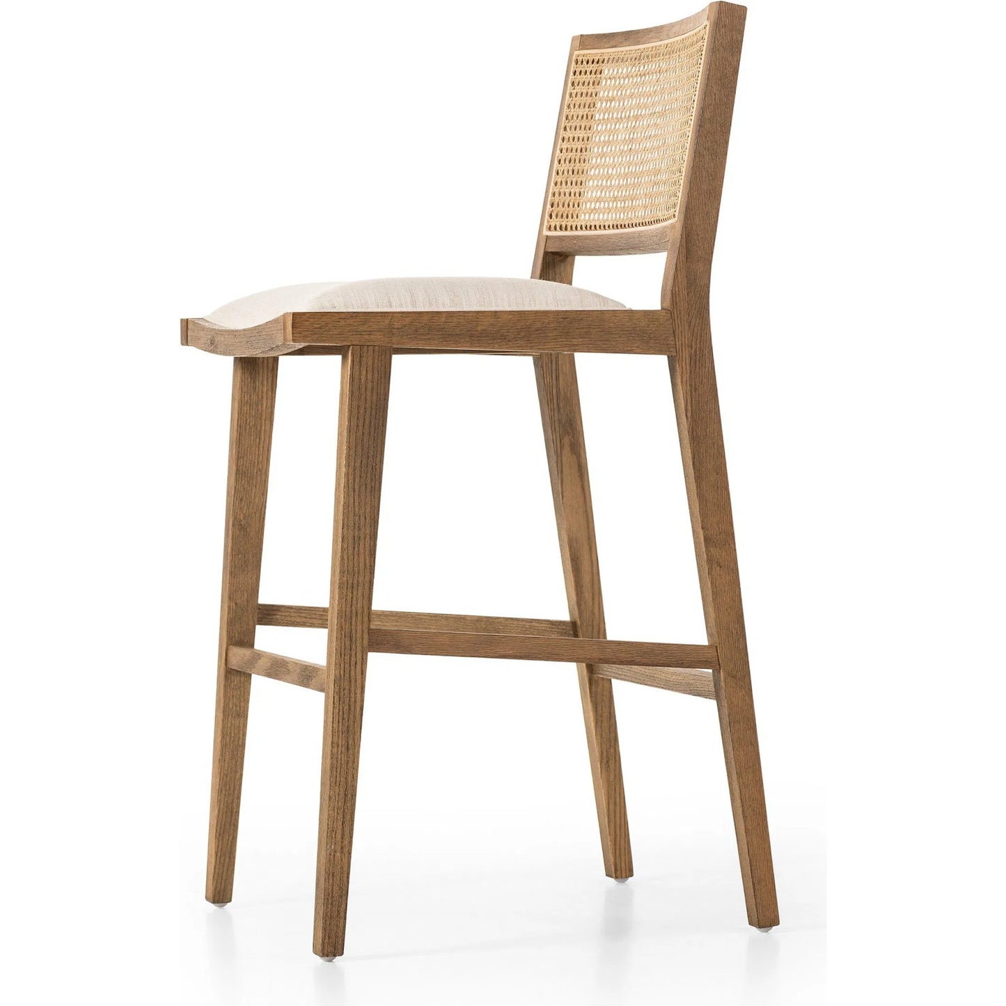 009 SI-2519301 | Closeup | Sage Bar Stool by Four Hands in savile flax, toasted oak, natural cane. Made from 92% polyester, 8% flax/linen, solid oak, cane in a rustic style.