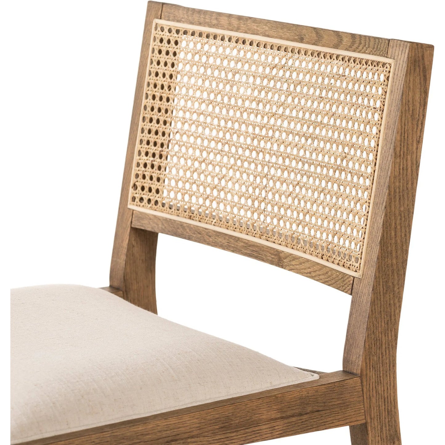 006 SI-2519300 | Closeup | Sage Counter Stool by Four Hands in savile flax, toasted oak, natural cane. Made from 92% polyester, 8% flax/linen, solid oak, cane in a rustic style.