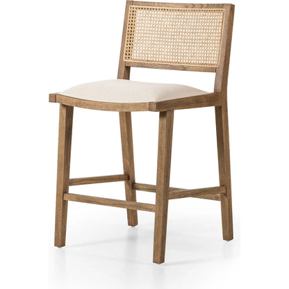 Sage Counter Stool by Four Hands in savile flax, toasted oak, natural cane. Made from 92% polyester, 8% flax/linen, solid oak, cane in a rustic style.