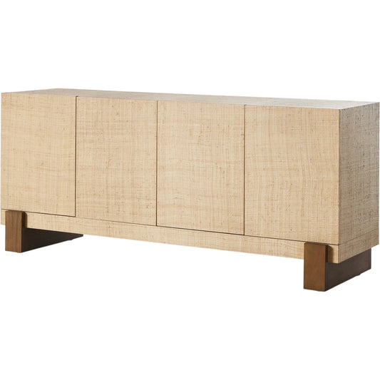 Hatch Sideboard by Four Hands in natural raffia, burnished mahogany. Made from sugar palm, solid mahogany, mahogany veneer in a modern style.