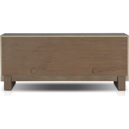 Hatch Sideboard by Four Hands in natural raffia, burnished mahogany. Made from sugar palm, solid mahogany, mahogany veneer in a modern style.
