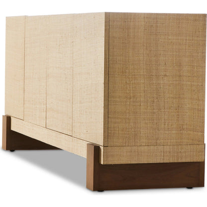 Hatch Sideboard by Four Hands in natural raffia, burnished mahogany. Made from sugar palm, solid mahogany, mahogany veneer in a modern style.