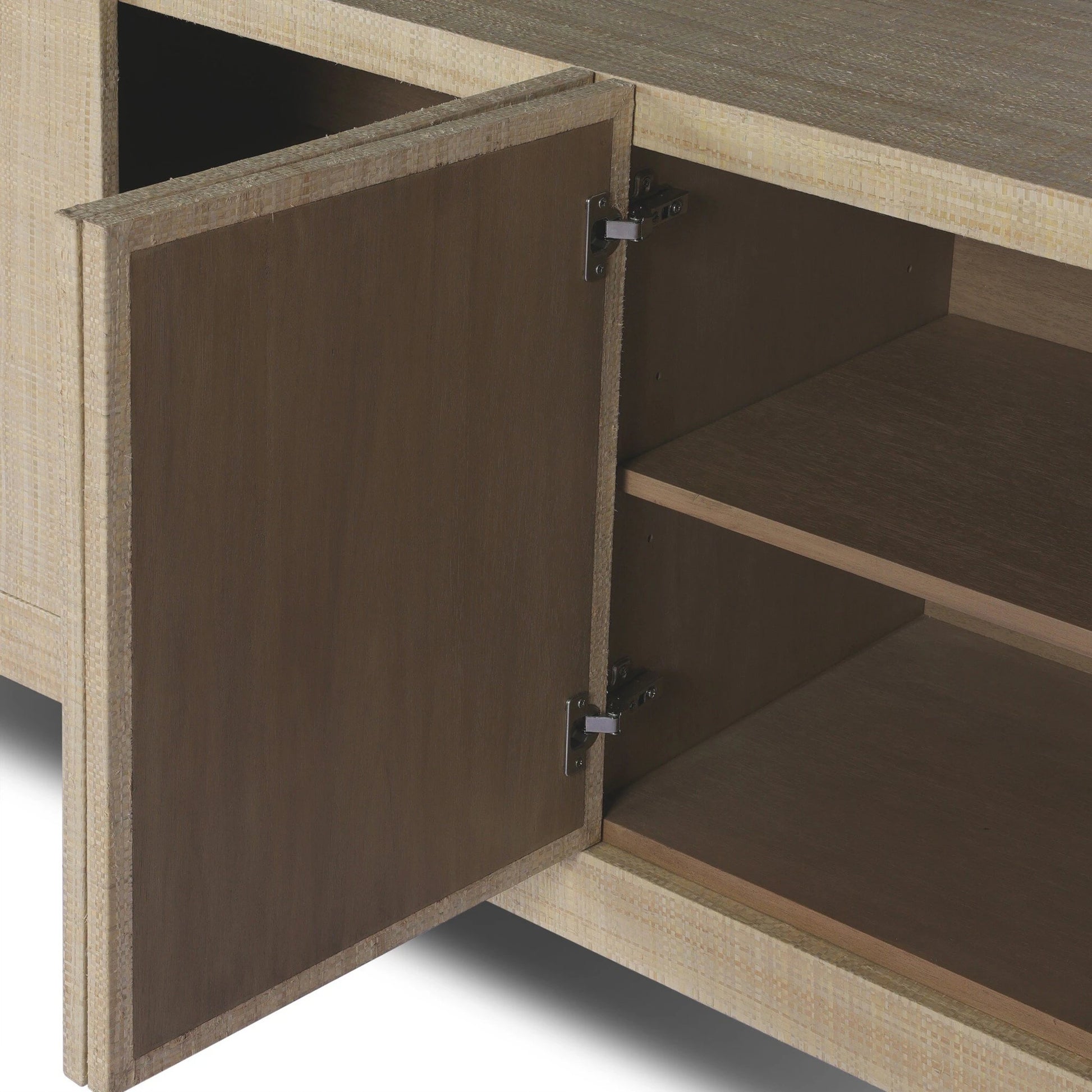 Hatch Sideboard by Four Hands in natural raffia, burnished mahogany. Made from sugar palm, solid mahogany, mahogany veneer in a modern style.