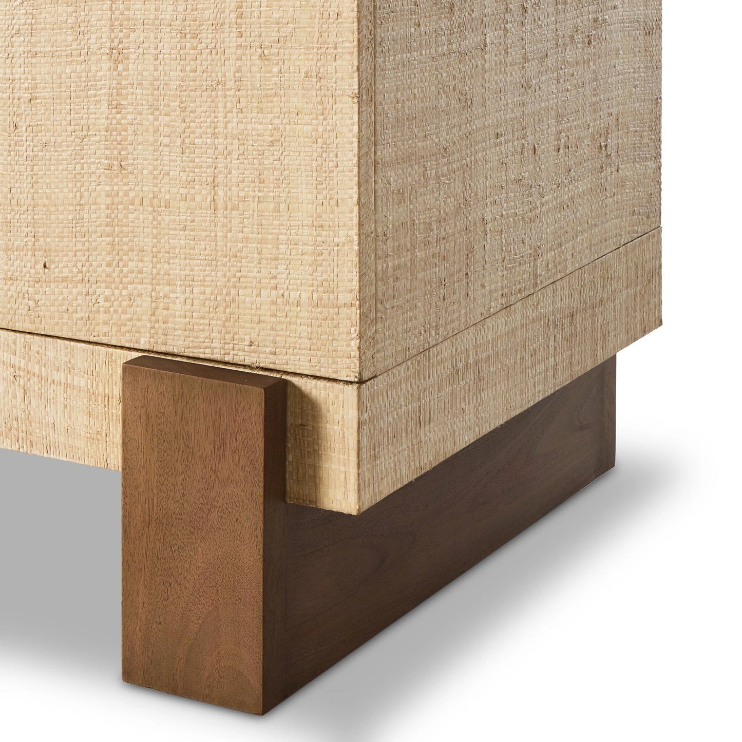 015 SI-2137368 | Closeup | Hatch Sideboard by Four Hands in natural raffia, burnished mahogany. Made from sugar palm, solid mahogany, mahogany veneer in a modern style.