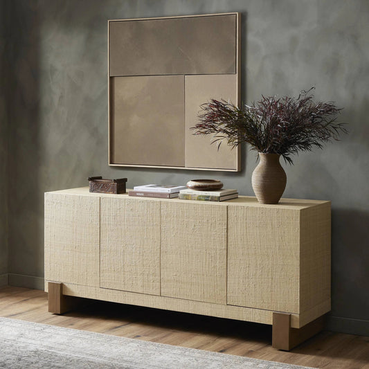 Hatch Sideboard by Four Hands in natural raffia, burnished mahogany. Made from sugar palm, solid mahogany, mahogany veneer in a modern style.