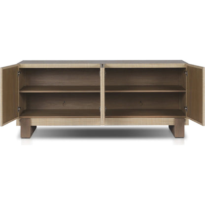 Hatch Sideboard by Four Hands in natural raffia, burnished mahogany. Made from sugar palm, solid mahogany, mahogany veneer in a modern style.