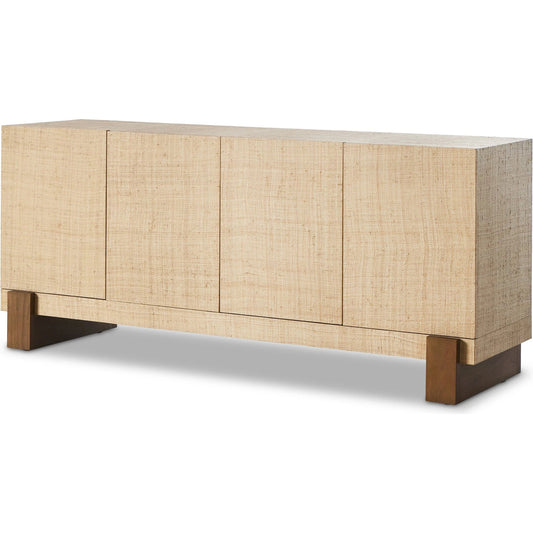 Hatch Sideboard by Four Hands in natural raffia, burnished mahogany. Made from sugar palm, solid mahogany, mahogany veneer in a modern style.