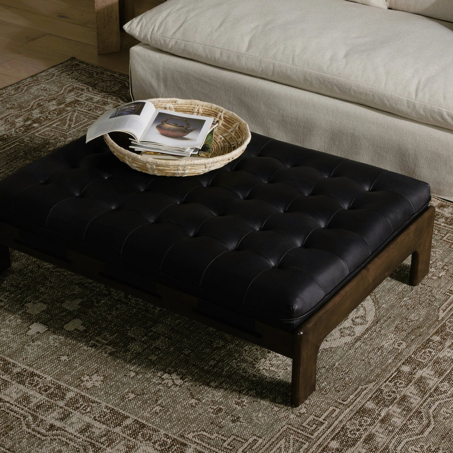 028 SI-1977356 | Lifestyle | Halston Cocktail Ottoman by Four Hands. Made from top grain leather, solid ash, 100% polyester in a modern style.