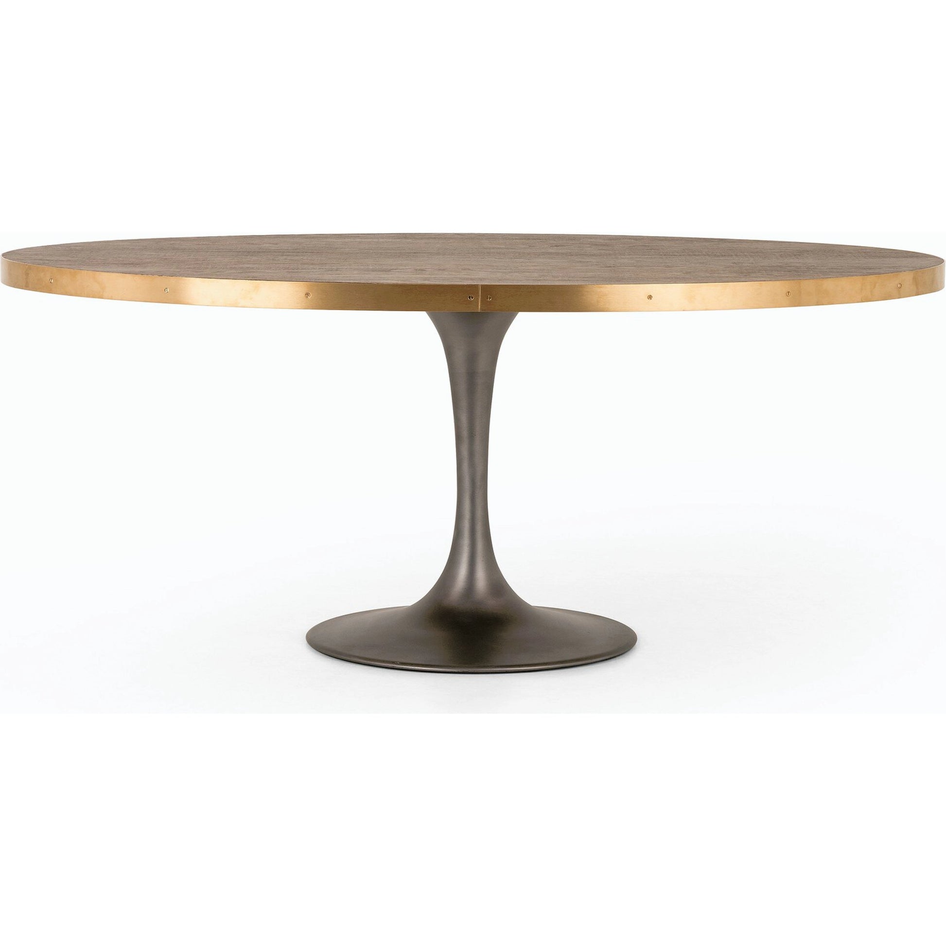 Evans Oval Dining Table by Four Hands in reclaimed burnt oak, vessel grey, polished brass. Made from solid reclaimed oak, iron, stainless steel in a modern style.