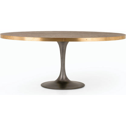 Evans Oval Dining Table by Four Hands in reclaimed burnt oak, vessel grey, polished brass. Made from solid reclaimed oak, iron, stainless steel in a modern style.