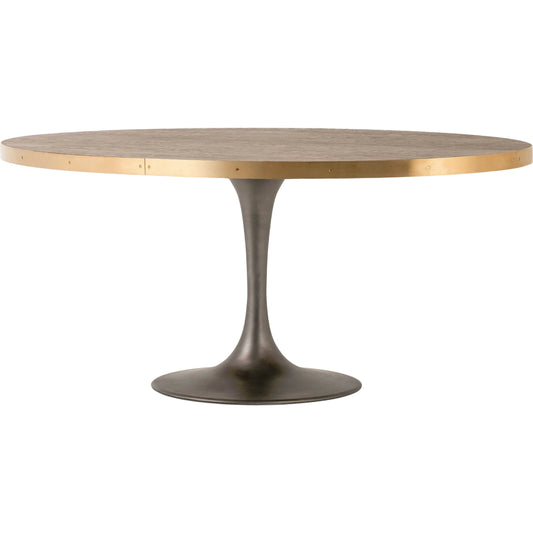 Evans Oval Dining Table by Four Hands in reclaimed burnt oak, vessel grey, polished brass. Made from solid reclaimed oak, iron, stainless steel in a modern style.