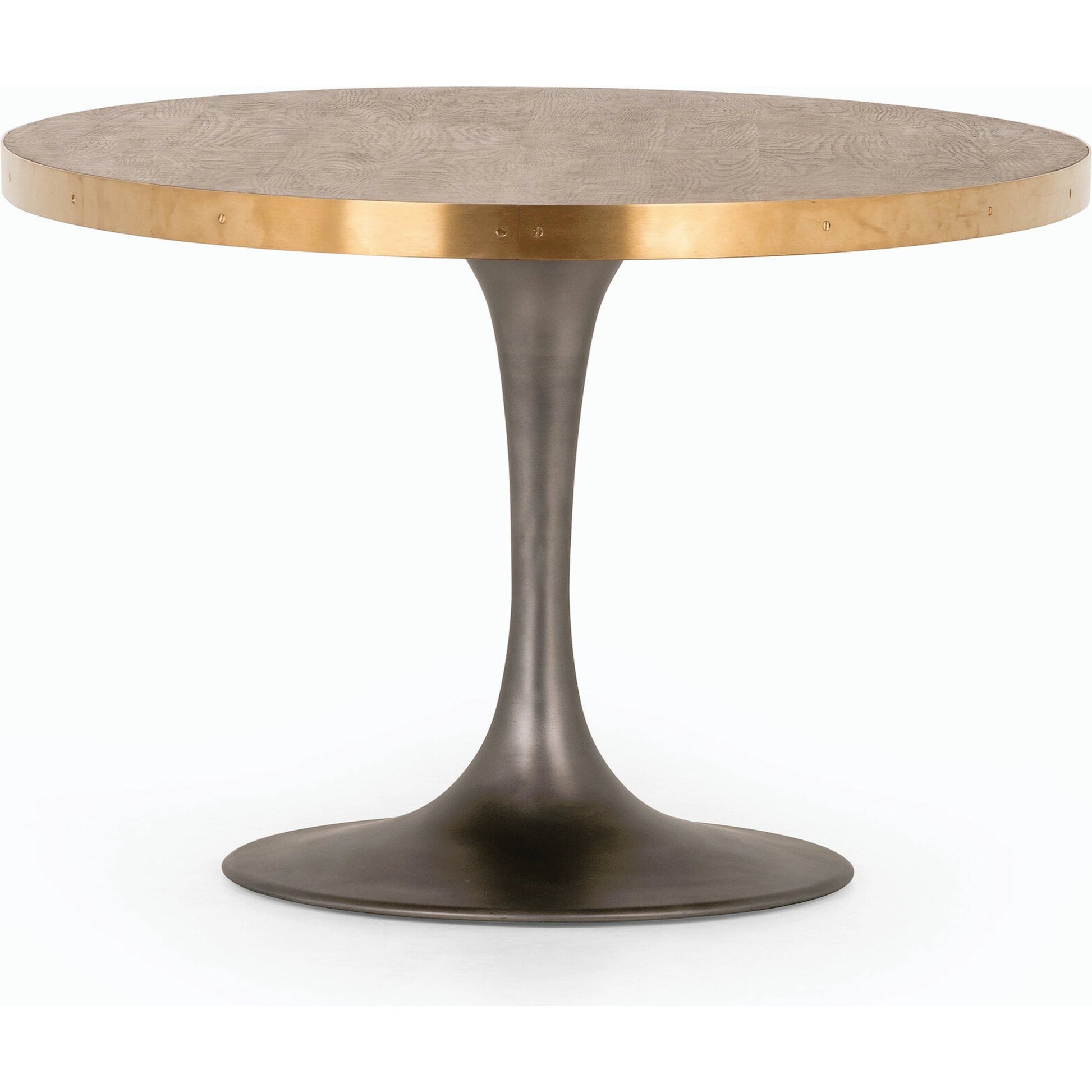 Evans Oval Dining Table by Four Hands in reclaimed burnt oak, vessel grey, polished brass. Made from solid reclaimed oak, iron, stainless steel in a modern style.