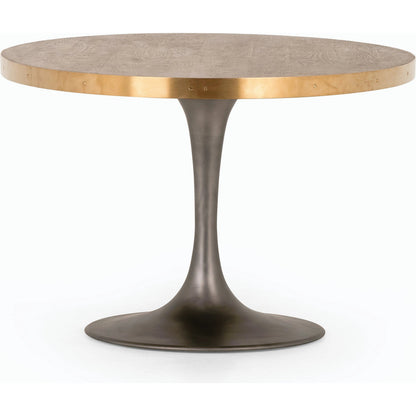 Evans Oval Dining Table by Four Hands in reclaimed burnt oak, vessel grey, polished brass. Made from solid reclaimed oak, iron, stainless steel in a modern style.